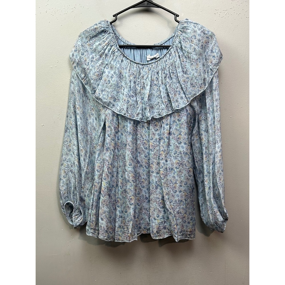 TEMPO PARIS Top Womens Small Blue Floral Ruffle Neck Long Sleeve Blouse